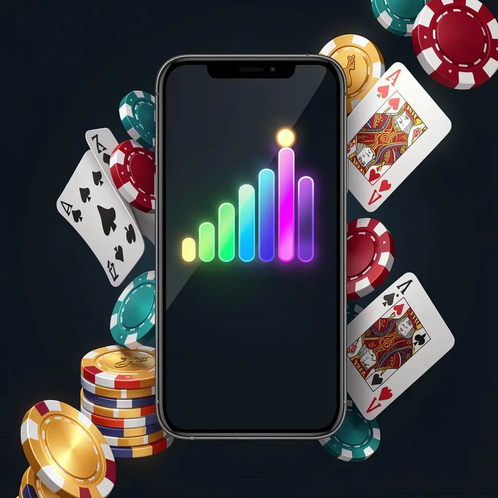Smartphone displaying OK GAME77 casino app installation with glowing progress bar, surrounded by coins, chips, and cards on a dark background
