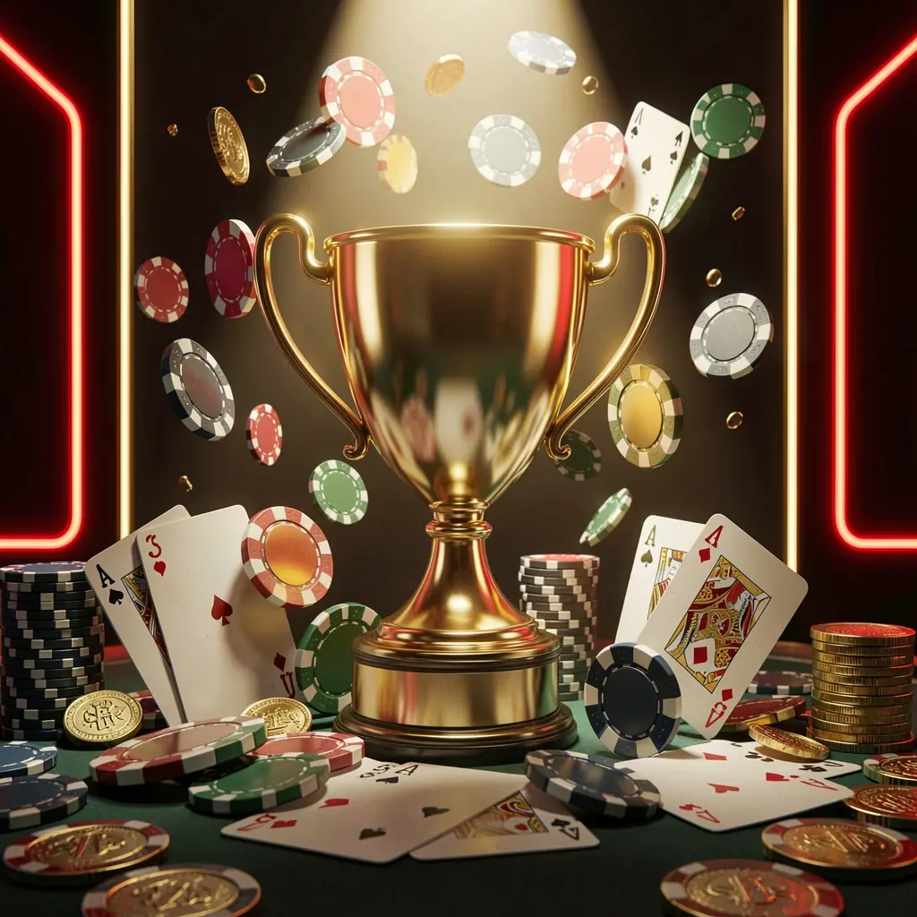 OK GAME77 casino tournament bonus concept featuring a golden trophy surrounded by poker chips, playing cards, and coins under a bright spotlight in a competitive luxury casino atmosphere with dark background and red and gold neon accents