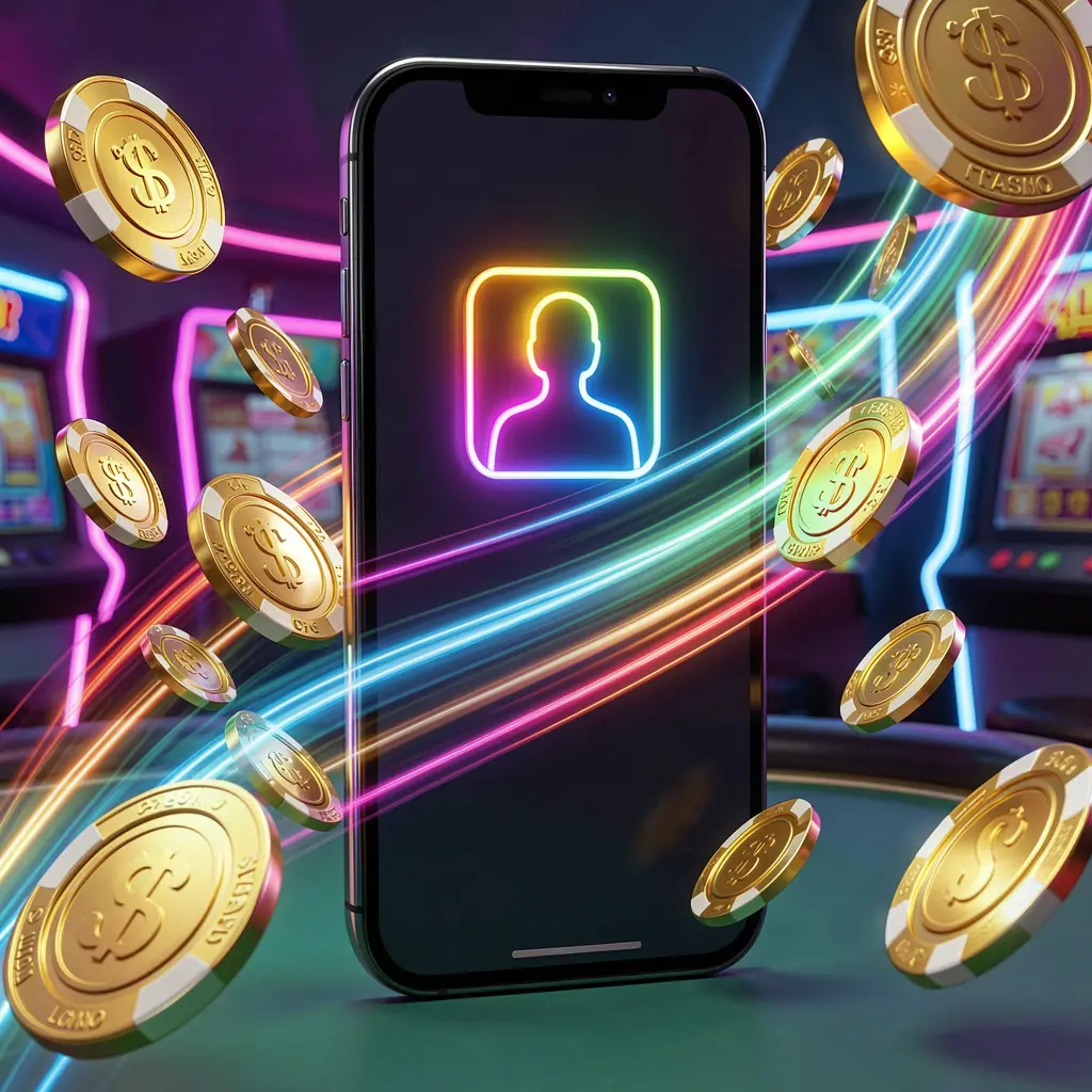 OK GAME77 fast casino login banner featuring a smartphone with a bright user icon, speed light trails, and golden coins and chips flying around in a modern neon casino style