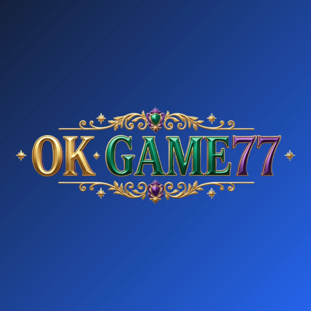 Luxury colorful horizontal rectangular wordmark logo for OK GAME77 with bold serif typography, rich emerald, violet, and gold palette, elegant glowing ornaments, and premium brand identity on a transparent background