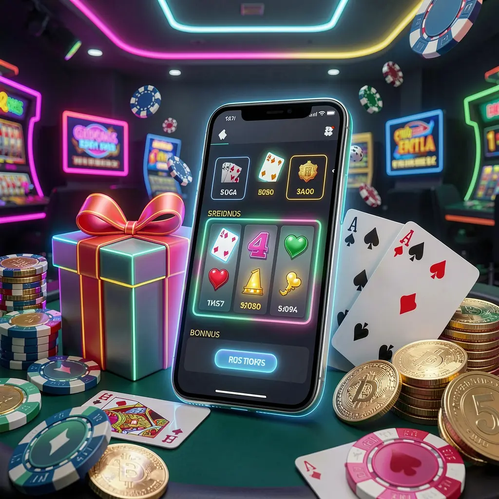 Modern casino website hero scene featuring a smartphone with glowing interface surrounded by bonus gift box, chips, coins, and playing cards in premium neon casino style, showcasing OK GAME77's responsible gaming